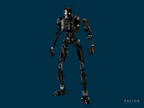 a robot that is standing in front of a blue background