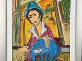 painting of a woman with a blue cat in a white frame