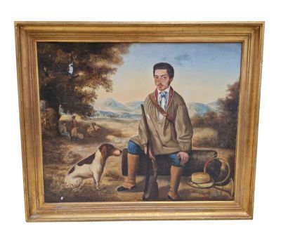 tableau représentant un homme assis sur un banc à côté d'un chien
