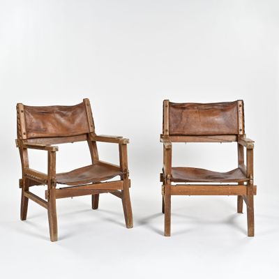 paire de chaises de safari en cuir espagnol, début du XXe siècle