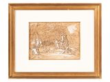 framed drawing of a group of people in a wooded setting