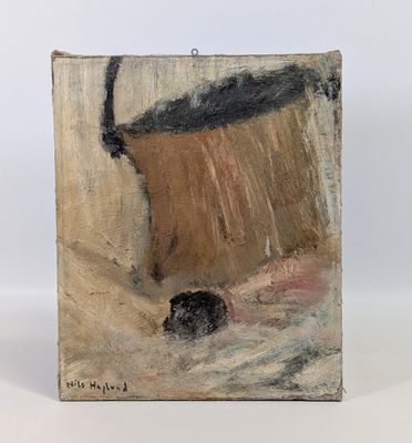 une peinture à l'huile représentant un seau muni d'une poignée noire sur fond blanc