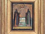 an old painting of two men standing next to each other