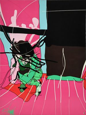 un tableau représentant une femme assise sur une couverture rouge