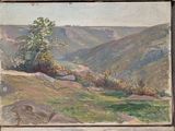 four paintings of a landscape with a river and hills in the background