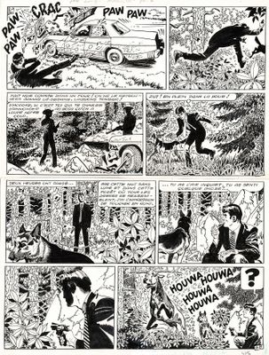 une bande dessinée en noir et blanc mettant en scène un homme et un chien