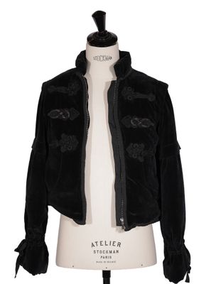 the jacket is black and has flowers on it