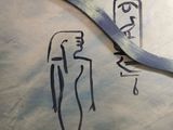 a drawing of a woman holding a knife on a table
