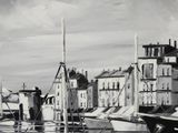 a painting of boats docked in a harbor with buildings in the background