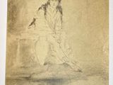 an old drawing of a woman sitting on a rock with her legs crossed