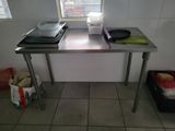 a table with two pans on top of it in a kitchen
