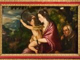 une image représentant un tableau où l'on voit une femme tenant un arc et un enfant