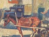 a painting of a horse pulling a carriage with a man in the background