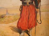 an old painting of a man in a red dress holding a rifle