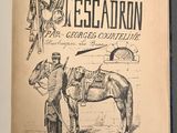 an old book with a drawing of a man on a horse