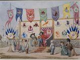 painting of a group of people standing in front of a stage with flags