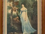 tableau représentant une femme en robe bleue debout dans un bosquet