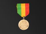 une médaille de distinction ornée d'un ruban rouge, jaune et vert sur fond noir