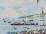 a painting of a large group of people on a pier