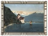 une image représentant un tableau d'un château au milieu d'un plan d'eau