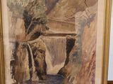 painting of a bridge over a river with a waterfall in the background