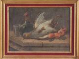 une photo d'un tableau représentant un oiseau mort posé sur une table