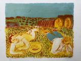 un tableau représentant deux personnes allongées dans un champ