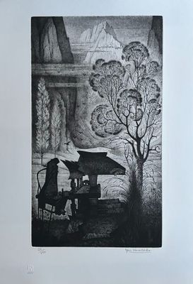 a black and white drawing of a man sitting at a table