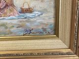 an oil painting of a woman in a straw hat sitting on the beach