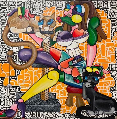 un tableau représentant une femme assise sur une chaise avec un chat