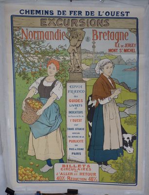 affiche représentant une femme tenant un panier de fruits devant une statue