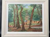 an oil painting of a church surrounded by trees in a wooded area