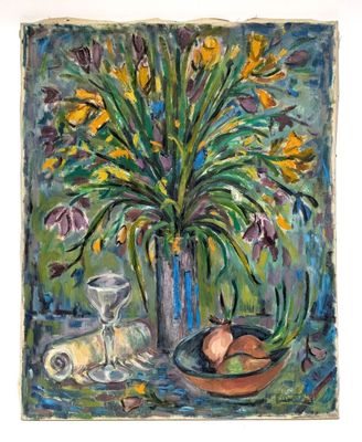 a painting of a vase of flowers and a bowl of fruit