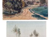 deux aquarelles représentant des arbres et une rivière au loin