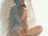 dessin représentant une femme nue assise par terre, les jambes croisées