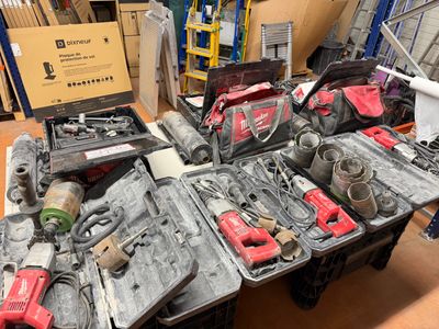 a table with tools on it in a warehouse