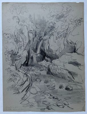 un vieux dessin représentant un oiseau perché sur un rocher au bord d'une rivière