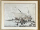 an image of a painting of people on a boat in the water