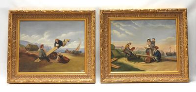 paire de peintures à l'huile du XIXe siècle représentant des hommes travaillant dans un champ