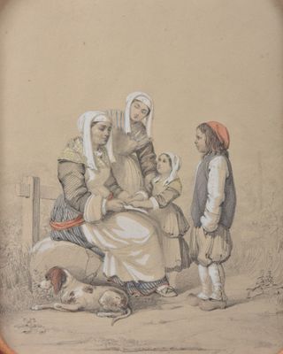 un dessin représentant une femme assise sur un banc avec deux enfants et un chien