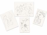 quatre dessins représentant des personnes sur une surface blanche, dont l'un est dessiné