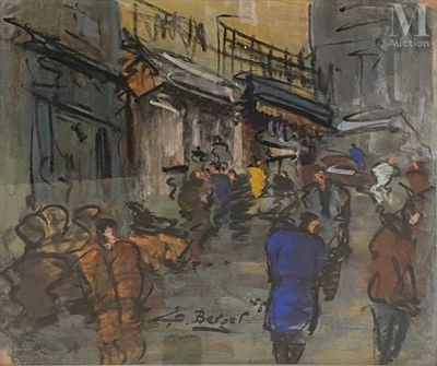 une peinture représentant un groupe de personnes marchant dans la rue