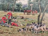 a painting of a group of men and dogs in a field