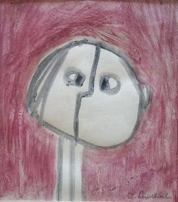 painting of a person with a broken head and a pink background