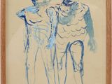 tableau représentant un homme et une femme debout l'un à côté de l'autre, dans un cadre en bois