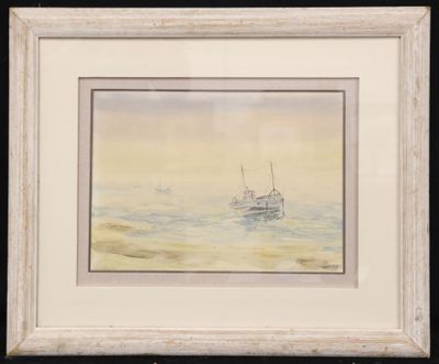 painting of a boat in a body of water with a yellow sky in the background