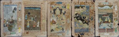 four cards with pictures of people on them hanging on a wall