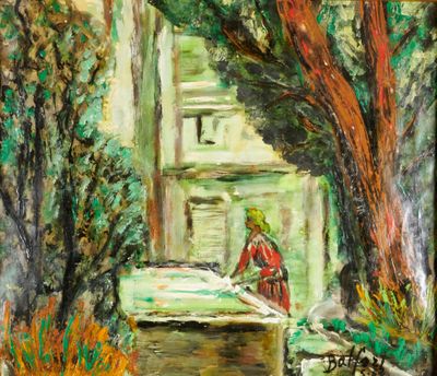 une peinture représentant une femme assise sur un banc dans un parc