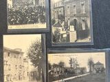 four old black and white photographs of people in front of a building