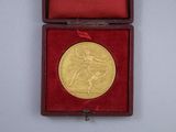a gold medal in a red box on a white surface